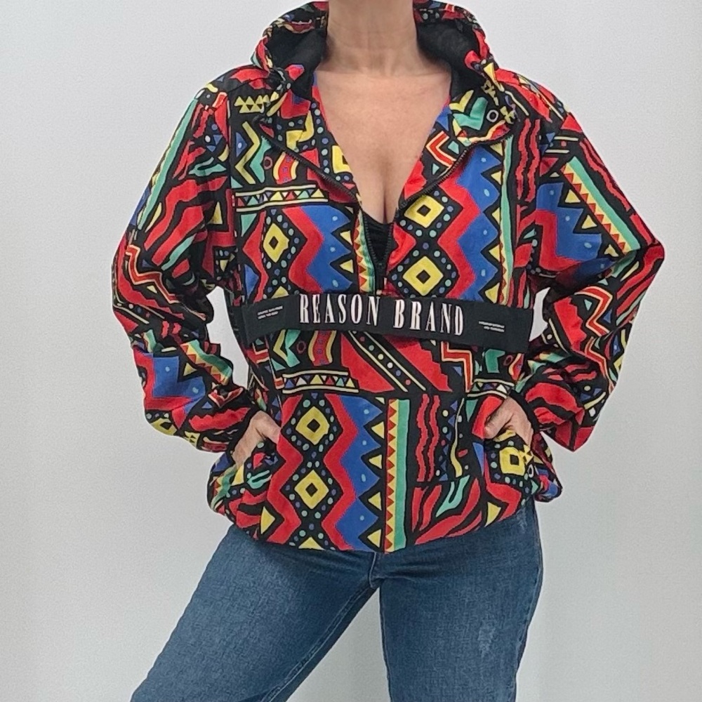 Reason Brand Retro 90s Streetwear Graffiti Patchwork Nylon Hooded Windbreaker